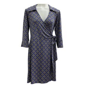 Laundry Shelli Segal Wrap Dress Small Blue Gold Argyle Swirl Graphic Print